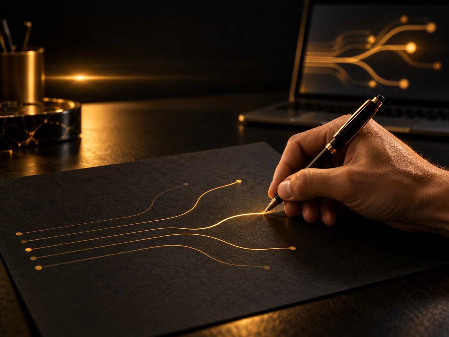 Una mano disegna un percorso con una penna dorata, accanto a un computer.